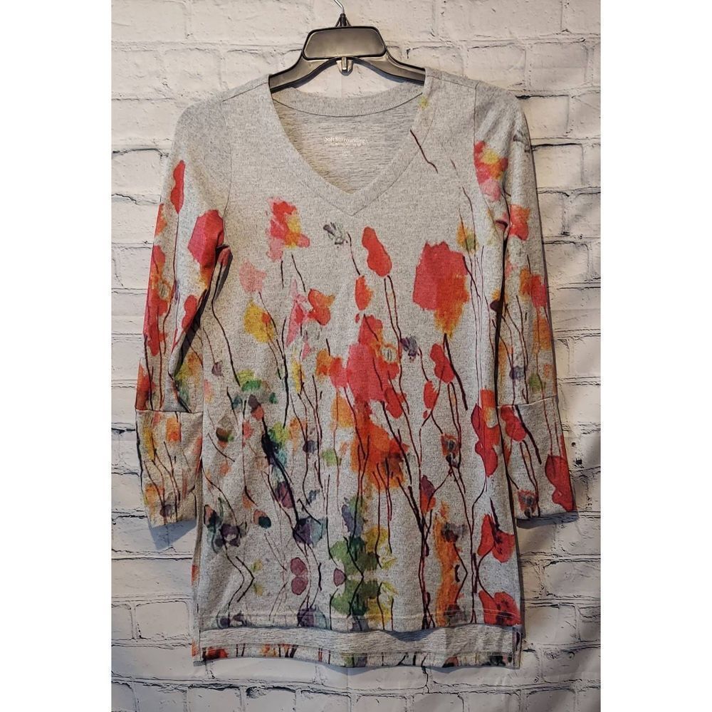 Soft Surroundings Womens XS Poppy Print Tunic Stretch Sweater Pullover Gray Red